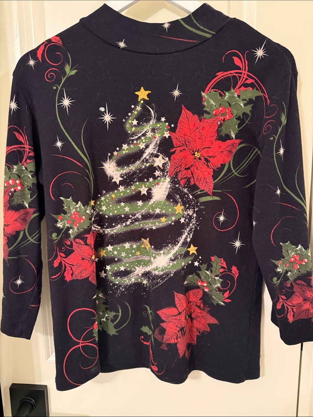 Women's Black Crewneck Holiday Sweater with Red Poinsettia Motif